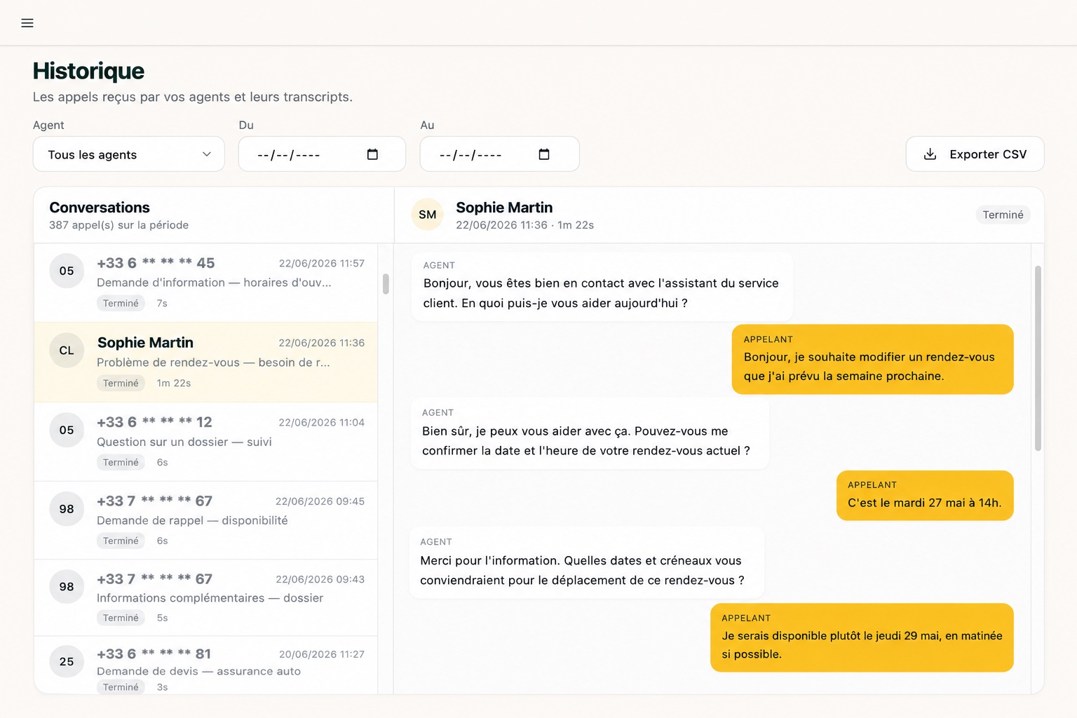 Conversation gérée par l'agent IA Callsens, avec transcript